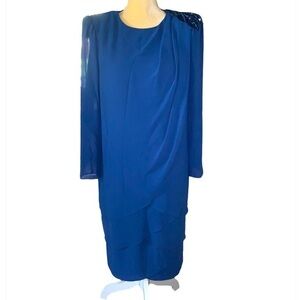 Vintage Ursula of Switzerland Blue Long Sleeve Midi Dress Sequin Embellishment